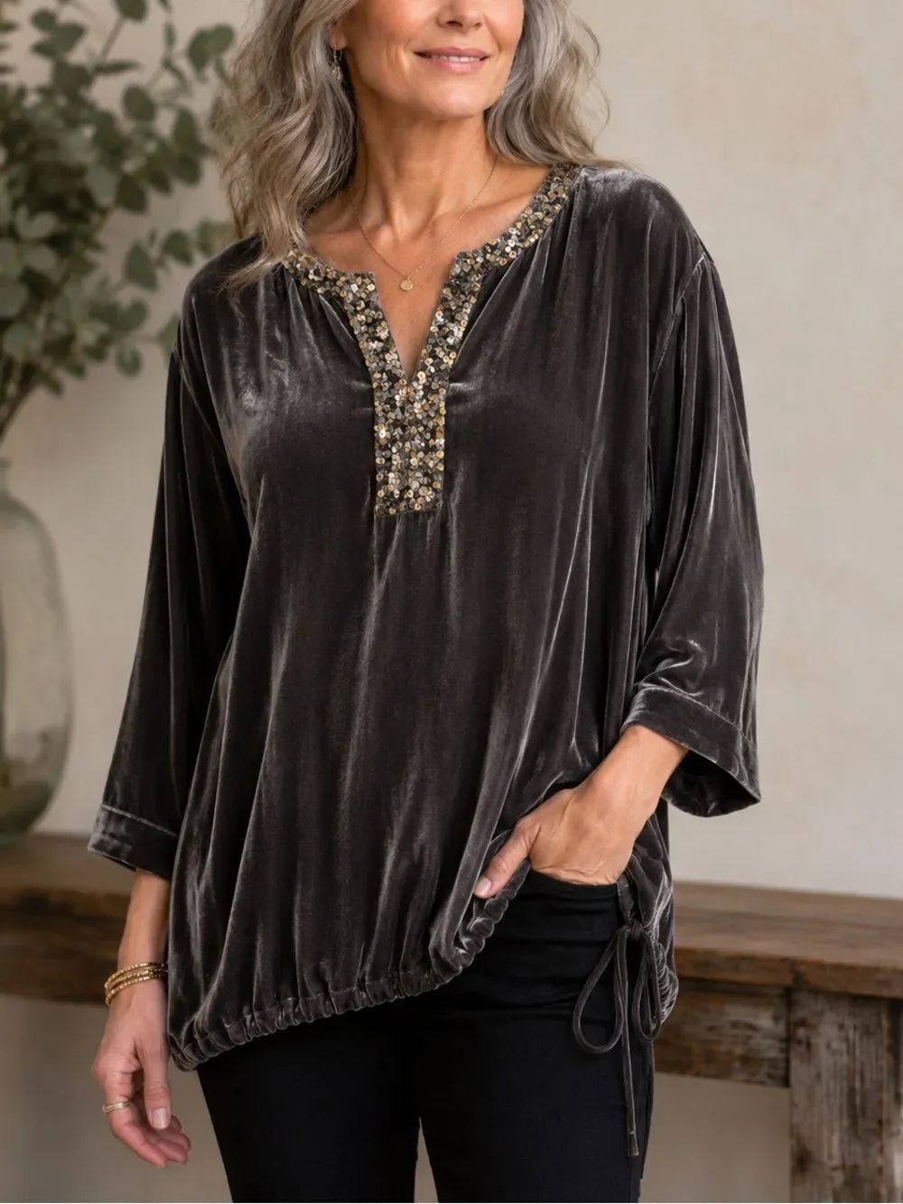 Garnet Hill Silk Blend Velvet Sequin Tunic Top Dark Chocolate Size 18 Boho